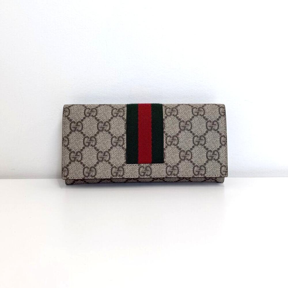 GUCCI GG Logo Stripe Web Long Bifold Wallet Continental Card Holder Monogram